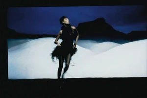 Model in black feathered dress posing against a projected background of dark mountains and white sand dunes.
