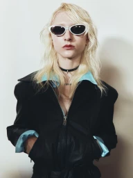 Model with blonde hair wearing white sunglasses, a black jacket with blue lining, and a choker necklace against a neutral wall.