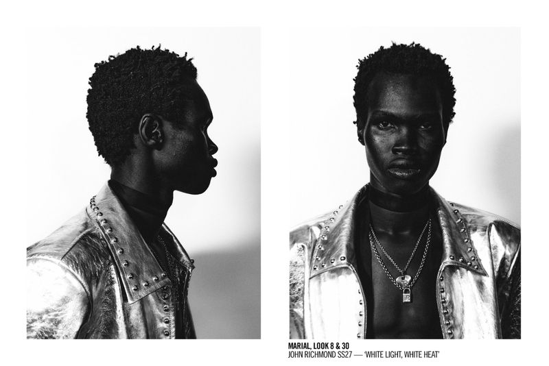 Black and white portrait diptych showing a male model wearing a studded metallic jacket and layered necklaces against a plain white backdrop
