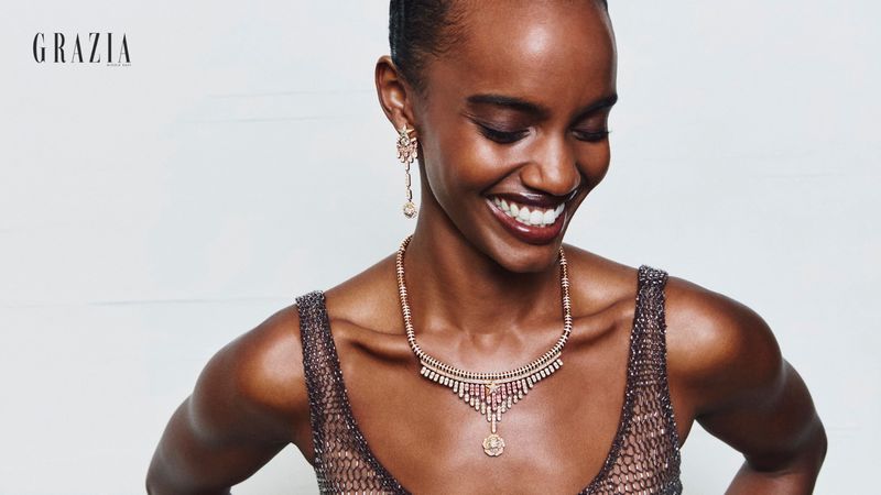 Model Farhiya Shire wearing diamond and gemstone jewellery for Grazia Middle East