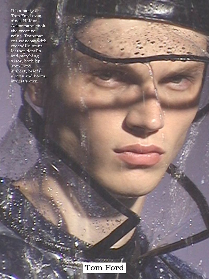 Close-up portrait of a male model wearing a dark visor and wet transparent hood for Fantastic Man AW26 collection