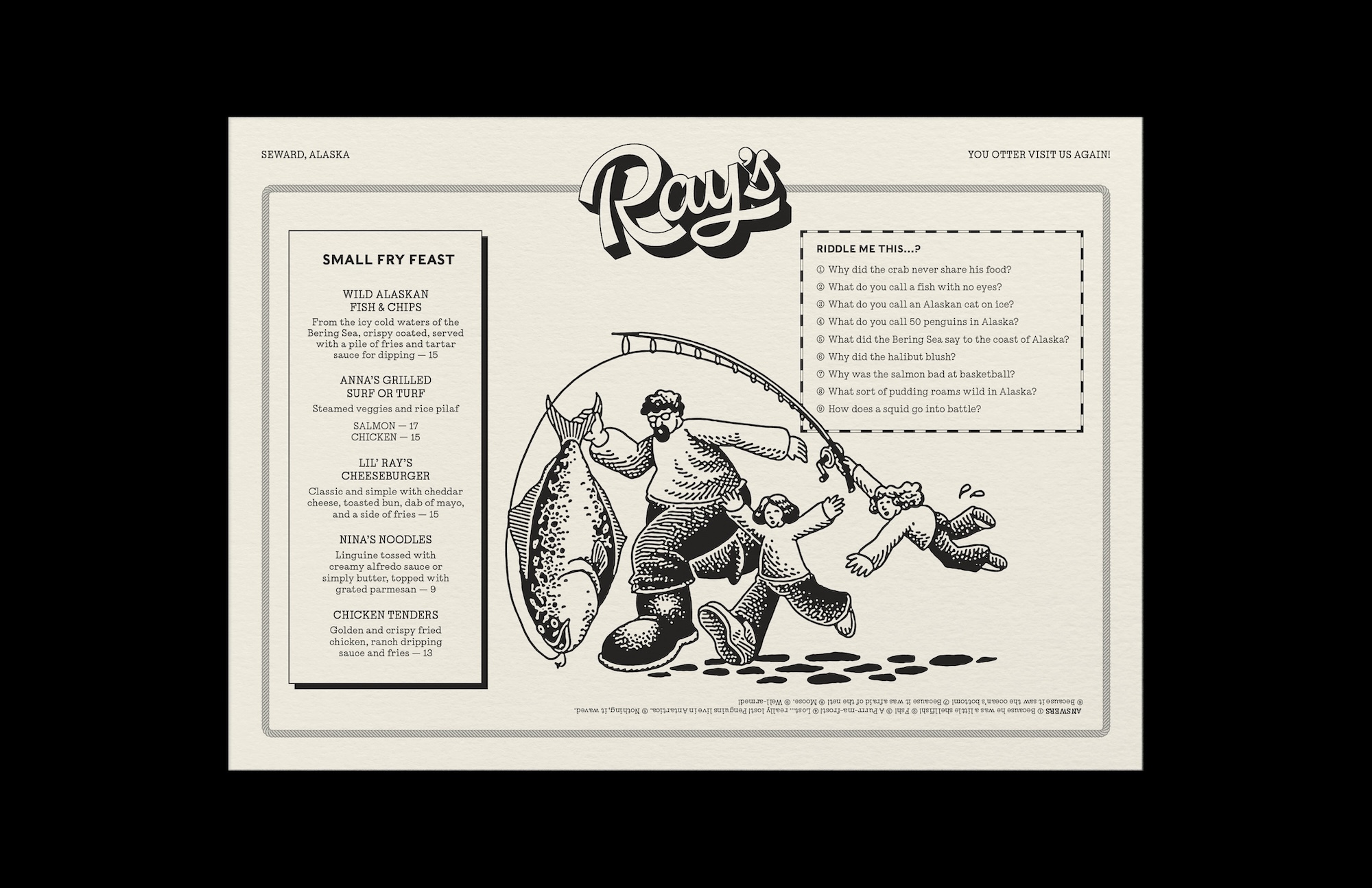 Illustrated restaurant placemat featuring Ray's branding, menu items, riddles, and an illustrated fisherman holding a large fish