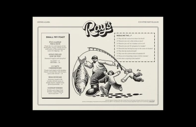 Illustrated restaurant placemat featuring Ray's branding, menu items, riddles, and an illustrated fisherman holding a large fish