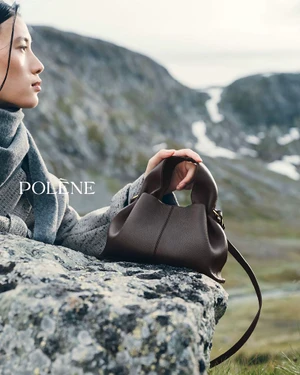 Model wearing a grey scarf holding a brown leather handbag resting on a rocky coastal landscape