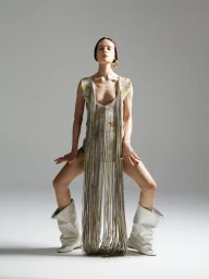Model in fringed tunic and slouchy white boots standing against a neutral studio backdrop for Lampoon Magazine