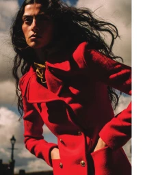 Model Flavie Sammartano in a red coat with dark windblown hair against a cloudy sky for WSJ