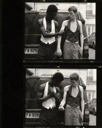 Contact sheet with two frames showing two male models wearing halter vests standing outdoors near a vehicle