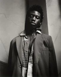 Monochrome portrait of a black man wearing a pinstripe blazer and a plaid shirt during Paris Men SS26.