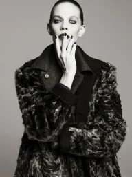Model Lexi Boling in a textured dark coat holding her hand to her face against a neutral grey studio background.