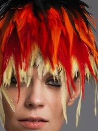 Close-up portrait of model Lexi Boling wearing a vibrant orange, red, and yellow feathered headdress for W Magazine China.