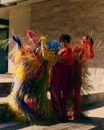 Three models wearing vibrant fringe and straw garments outdoors against a stone wall