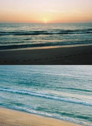 Split view image showing a sunset over the ocean on top and a shoreline with waves on the bottom for Purple Magazine.