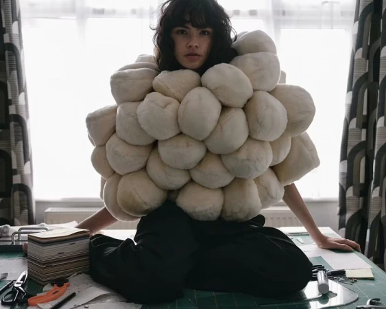 Model wearing a voluminous padded white sculptural garment seated at a cutting table in a workroom.