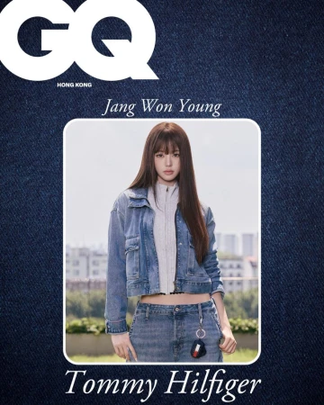 Jang Wonyoung in a denim jacket and jeans against an outdoor backdrop, featured on GQ Hong Kong for Tommy Hilfiger.