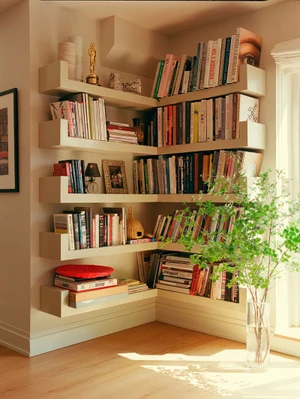 Built-in corner bookshelves filled with colorful books, decorative objects, and a green plant in a glass vase.