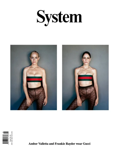 System Magazine cover featuring models Amber Valletta and Frankie Rayder wearing matching strapless tops and patterned tights against a grey studio backdrop.