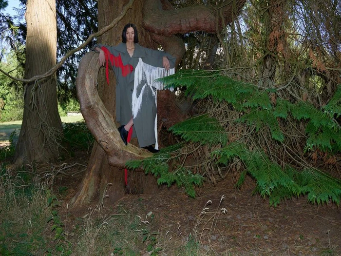 Model Lina Zhang posed in a large tree wearing a grey coat with red and white fringing for Holiday Magazine