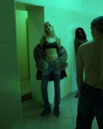 Four models in a tiled interior illuminated by green light, featuring a blonde woman in a black bra and fur coat.