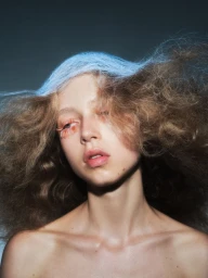 Close-up portrait of a woman with voluminous textured hair and pink eye makeup for Elle Mexico photographed by Yanran Xiong