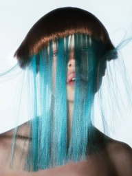 Close-up portrait of a model with short brown hair and long teal hair strands falling vertically over the face.