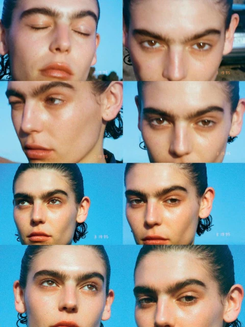 Collage of a woman's face with strong eyebrows, showcasing different angles and expressions against a blue sky backdrop.