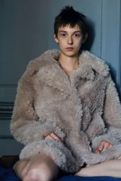 Model wearing a textured cream faux-fur coat seated against a muted grey wall for Numéro New York.