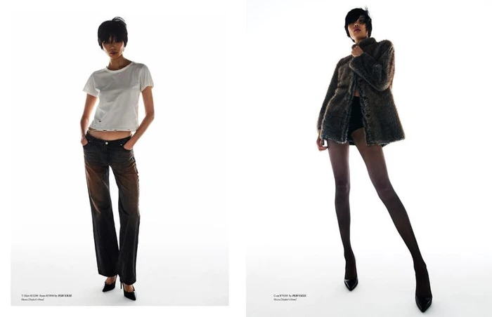 Two fashion editorial panels showing a model wearing a white t-shirt with dark jeans and a fuzzy coat against a white background.