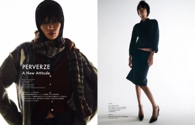 Editorial double-page fashion spread featuring a model in layered knitwear and a headscarf next to a full-body shot.