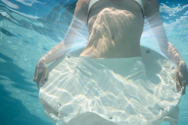 Underwater shot of a model floating in clear blue water holding a white circular object with metallic studs