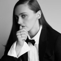 Portrait of a woman wearing a black tuxedo jacket, white shirt, bow tie, and ring against a seamless background