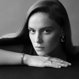 Close-up portrait of a woman resting her chin on folded arms, wearing a metal ring, bracelet, and earrings.