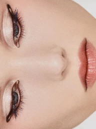 Extreme close-up macro portrait of a model's face showing detailed eye makeup, eyeliner, and subtle lip color against a neutral backdrop.