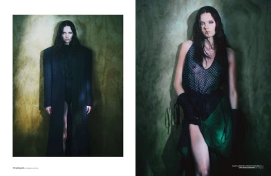 Two fashion editorial panels featuring a model in a dark coat and a dotted halter top against a mottled wall.