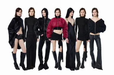Seven poses of a female model displaying black and red garments from Luis De Javier across a seamless white backdrop.