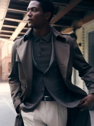 Model Hamid Onifade in a BOSS trench coat and polo shirt on an urban street for A Life In The City campaign.