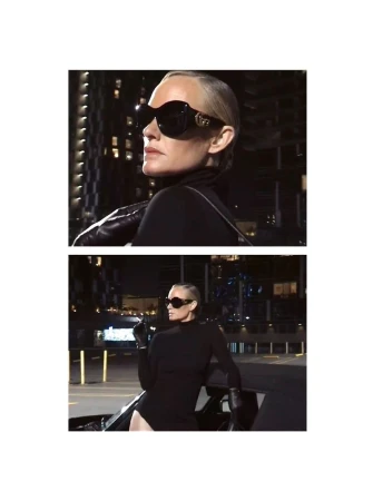 Amber Valletta in oversized black sunglasses and black turtleneck leaning on a car at night for System Magazine