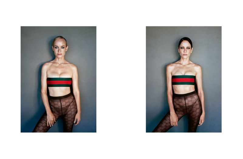 Amber Valletta and Frankie Rayder posing side by side in logo bandeau tops and patterned tights against a grey studio wall