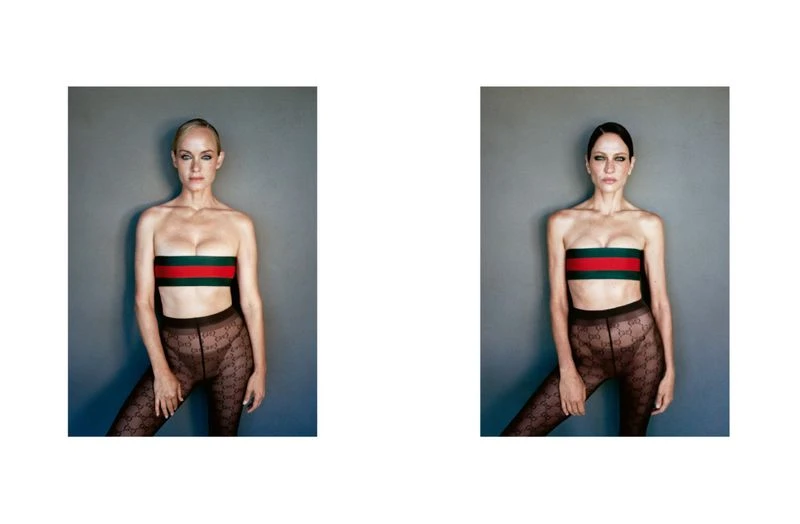 Amber Valletta and Frankie Rayder posing side by side in logo bandeau tops and patterned tights against a grey studio wall