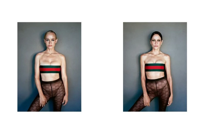 Amber Valletta and Frankie Rayder posing side by side in logo bandeau tops and patterned tights against a grey studio wall