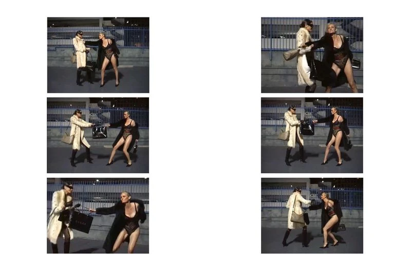 Amber Valletta and Frankie Rayder in a multi-frame editorial by Larissa Hofmann for System Magazine, set in a parking structure.