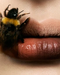 Close-up macro shot of a fuzzy bumblebee resting on glossy human lips and skin for a Tush Magazine editorial