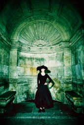 Model in black dress and wide-brimmed hat standing in an arched stone alcove with a greenish monochrome tone.