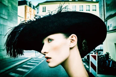 Profile portrait of a model wearing a large black feathered hat outdoors on a city street for PAP Magazine Running Errands editorial