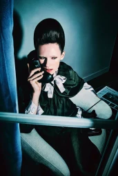 A model with a retro updo hairstyle holds a vintage rotary telephone receiver in a PAP Magazine editorial titled Running Errands.