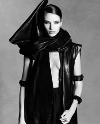 Model Libby Taverner wearing a structured black leather wrap garment and dark armbands in a monochromatic editorial portrait.