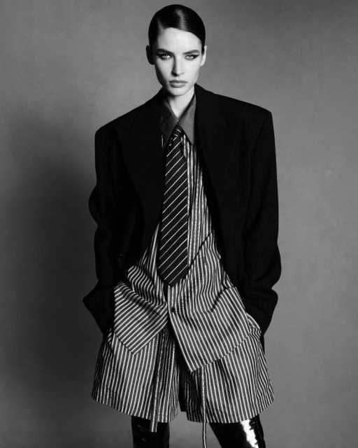 Model Libby Taverner in an oversized black blazer and striped shirt and tie for Double Vision by Luigi and Iango.
