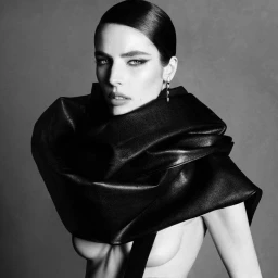 Model Libby Taverner wearing a structured black leather wrap top against a dark grey seamless background