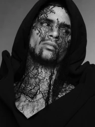 Portrait of Romeo Beckham in a black hooded garment wearing black lace veil across his face for Double Vision by Luigi & Iango