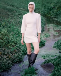 Model wearing a white hooded dress and black boots standing in a shallow stream surrounded by lush green foliage.