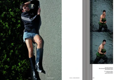 Editorial double-page spread featuring a male model reclining outdoors on asphalt beside green foliage alongside smaller inset panels in water